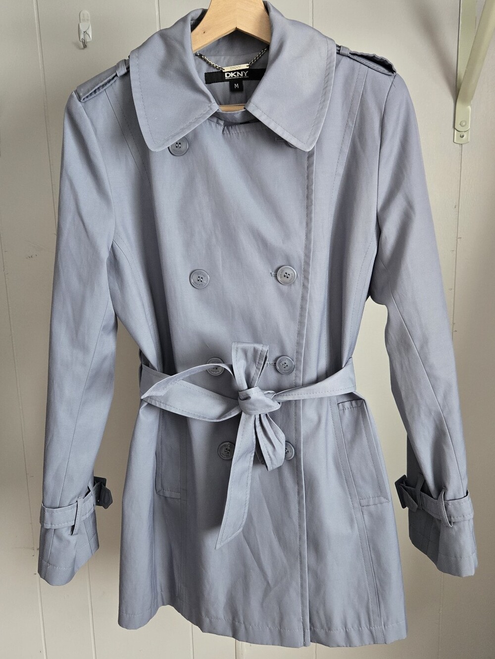 DKNY Women's M Double-Breasted Light Gray Trench Coat